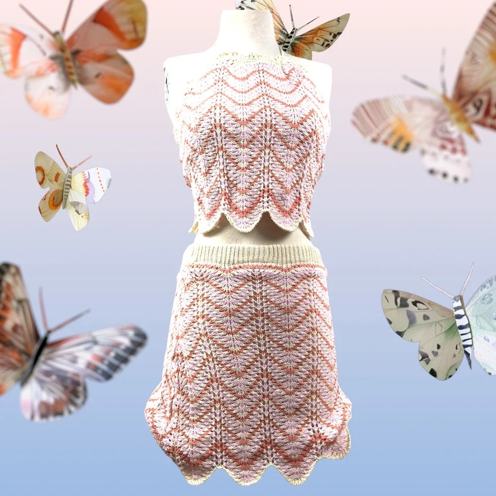 Women’s Crochet 2 Piece Set Skirt Cropped Top Backless Pink Orange Beige New WT - Picture 1 of 16